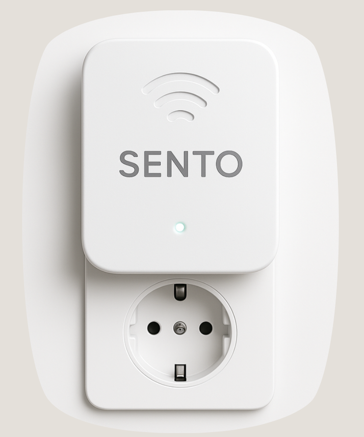 Designstudie des Sento-Sensors: ein kleines weißes Gerät in einer Steckdose mit grün leuchtender Statusanzeige